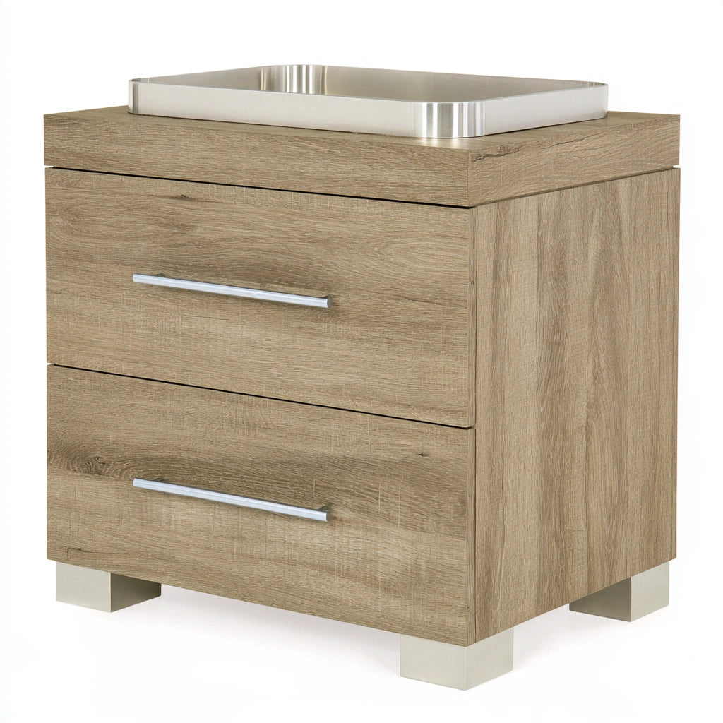 Consolle da toeletta in legno finitura rovere con due cassetti, colore marrone chiaro e marrone chiaro