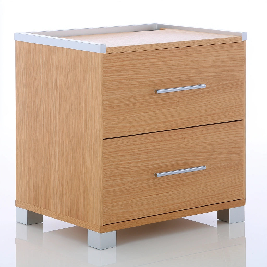 Consolle da toeletta in legno finitura rovere con due cassetti, colore marrone chiaro e marrone chiaro