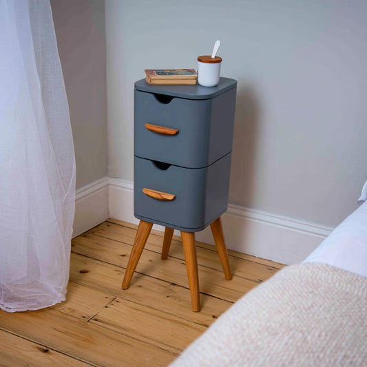 Comodino sospeso in legno con due cassetti, colore blu e grigio e marrone chiaro
