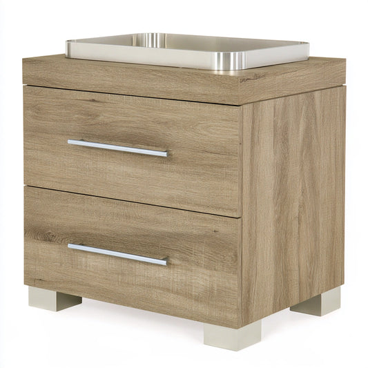 Consolle da toeletta in legno finitura rovere con due cassetti, colore marrone chiaro e marrone chiaro