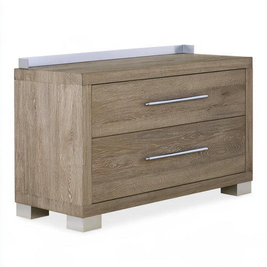 Consolle da toeletta in legno finitura rovere con due cassetti, colore marrone chiaro e marrone chiaro